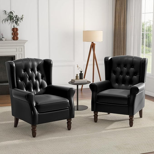 Faux Leather Accent Chairs Set of 2, High Back Upholstered Armchair for Living Room, Wingback Chair Comfy Single Sofa Bedroom Reading Seat with Solid Wood Legs - Black