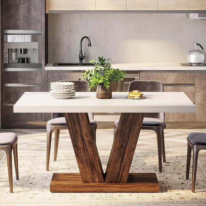 Tribesigns 47-Inch Dining Table for 4, White Kitchen Dinner Table with Heavy Duty Pedestal, Farmhouse Wooden Eating Table for Home, Dining Room, Small Space, White & Brown