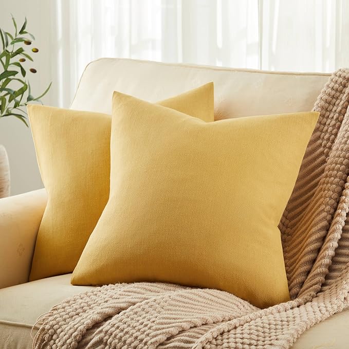 ZeeMart Rustic Cotton Linen Throw Pillow Covers Set of 2, 22x22 Inch Yellow, Farmhouse Style Decorative Couch Pillow Cases Cushion Covers for Sofa Bed Living Room Home Decor