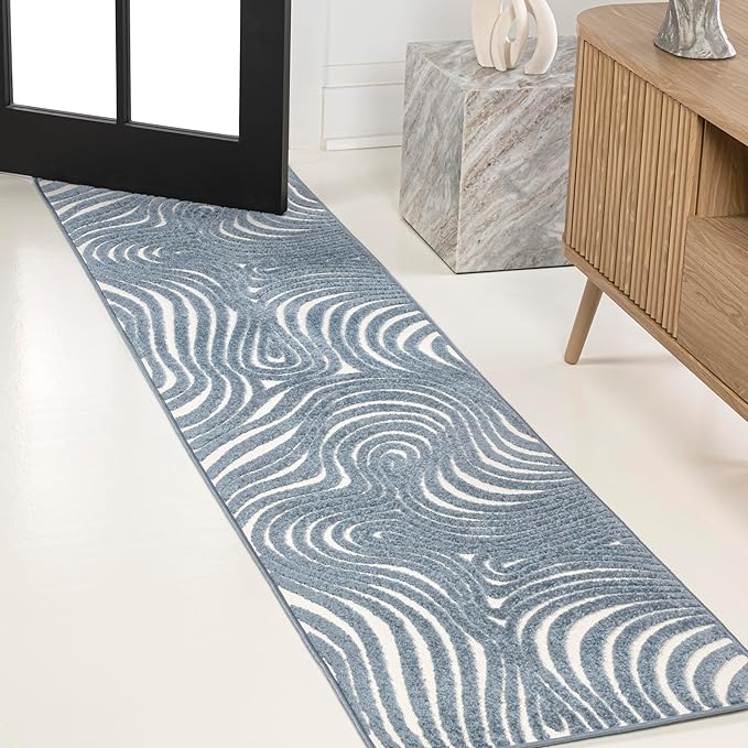 JONATHAN Y Maribo High-Low Abstract Striped Dark Blue/Cream 2x8 Indoor/Outdoor Runner Rug for Patio, Backyard, Living Room, Bedroom, Office, Hose-Washable (SCN103E-28)