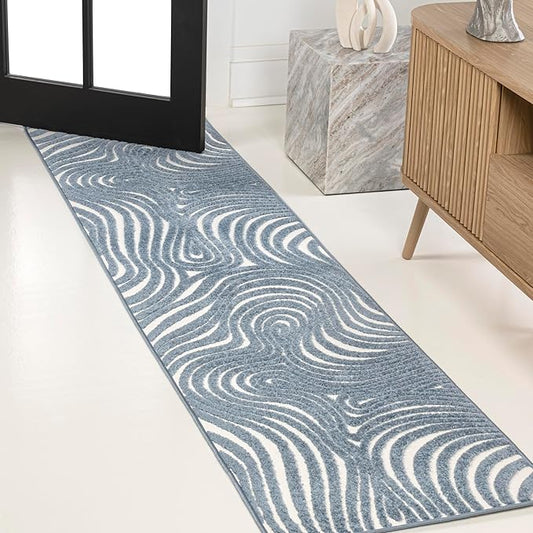 JONATHAN Y Maribo High-Low Abstract Striped Dark Blue/Cream 2x8 Indoor/Outdoor Runner Rug for Patio, Backyard, Living Room, Bedroom, Office, Hose-Washable (SCN103E-28)