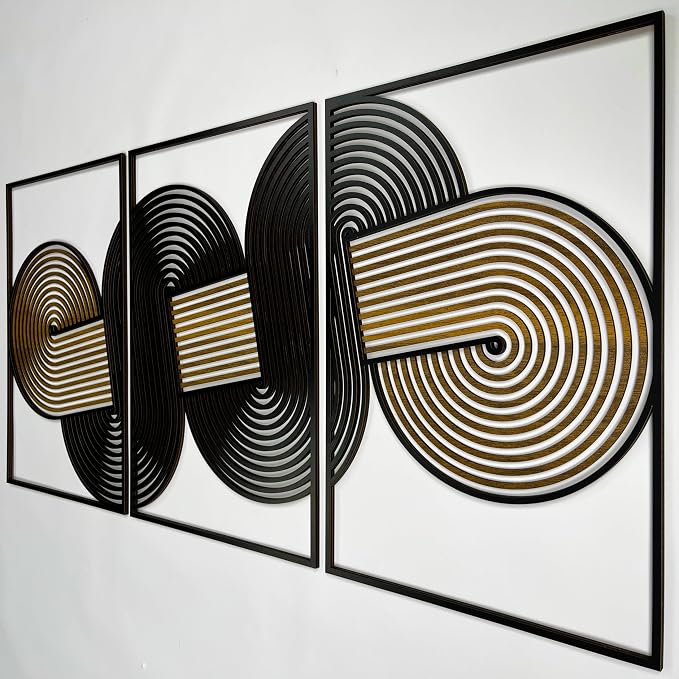 Minimalist Lines Wood Wall Art Set of 3, Geometric Mid Century Modern Wooden Wall Decor, Abstract Endless Flow Panels, Boho Home Gift for Living Room and Bedroom