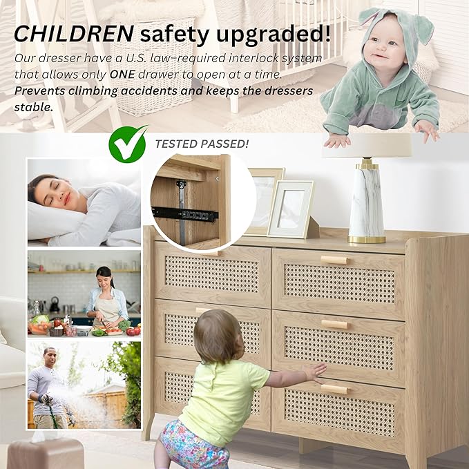 ELISA HOME Rattan-Inspired 6 Drawer Dresser for Bedroom, 47.2″ W Modern Wide Chest of Drawers, Wood Storage Organizer for Clothes, Entryway, Hallway, Nursery or Living Room, Oak