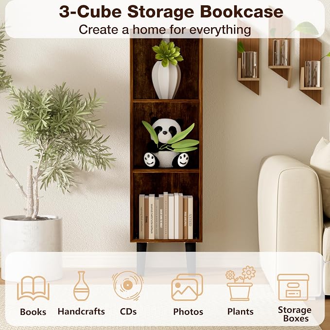 3 Cube Bookcase, Wooden Book Shelf Cube Storage Organizer with Legs, 3 Tier Bookshelf Freestanding Open Shelves for Bedroom, Living Room, Home Office (Brown, 3 Cube)