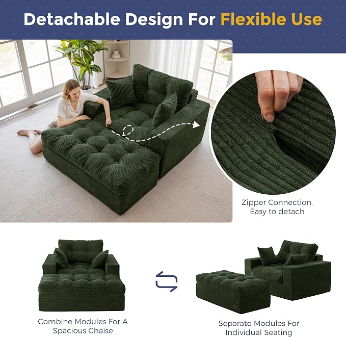 MAXYOYO Oversized Chaise Lounge Sofa, Upholstered Lounge Chair with 3 Pillows, Tufted Boneless Sofa Couch with Ottoman, Deep Seat Chair for Living Room, Bedroom, No Assembly, Dark Green