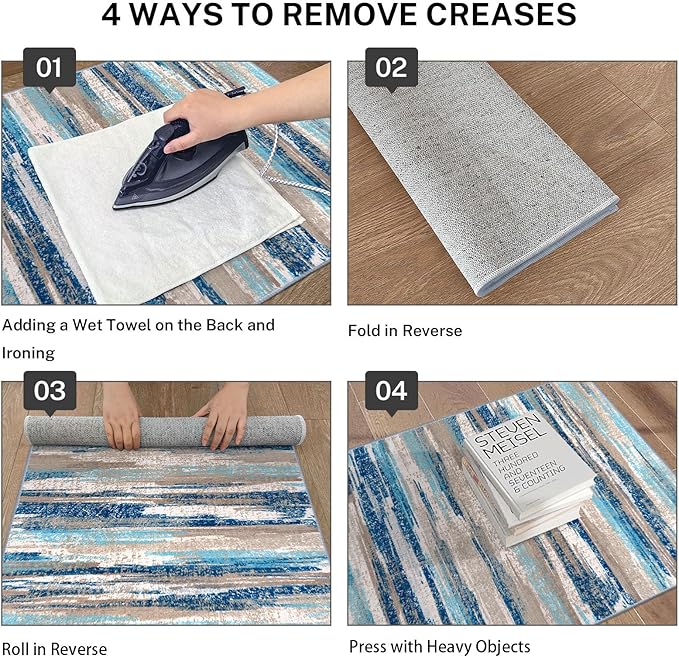 Lansny Modern Abstract Runner Rug 3x16, Blue Washable Long Kitchen Runner Non-Slip Soft Hallway Rug Runner Ultra Thin Print Faux Wool Carpet for Entryway Bedroom Laundry Room Indoor Home Decor