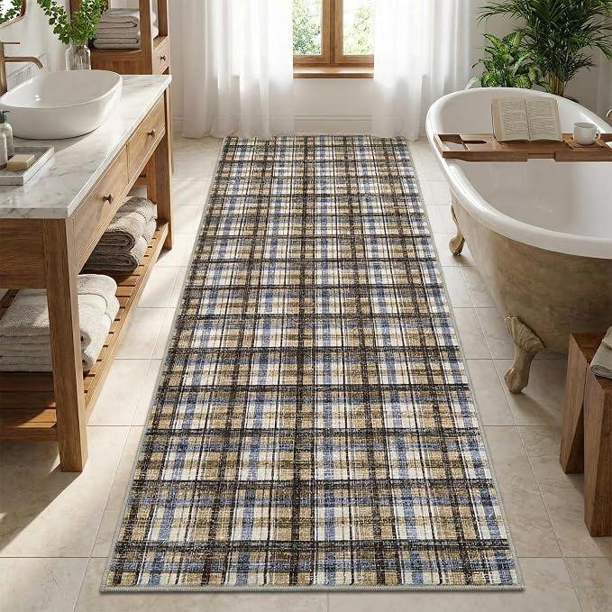 Washable Rugs 2x10 Runner Rug Modern Bordered Bathroom Rugs Non Slip Kitchen Runner Low Pile Entryway Rug Soft Runners Stain Resistant Carpet for Laundry Hallway Bedside 2'x10' Blue&Camel