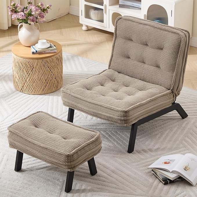 ANJ Accent Chair with Ottoman Adjustable Backrest, Khaki Living Room Chair Tufted Upholstered Lounge Chair with Footrest Set, Modern Chair Cozy Reclining Chair for Reading Room Bedroom