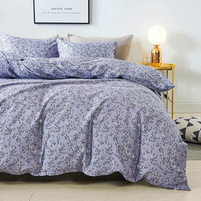 HoneiLife Queen Size Duvet Cover - Cotton Comforter Sets, Floral with Zipper Closure & Corner Ties, Pale Purple, Soft & Breathable - Lavender Grey, 3Pcs