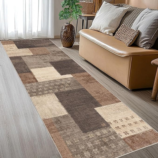 Modern Geometric Patchwork Indoor Runner Rug for Living Room, Beige 2.7'x 8' Large Rug Rockwood Collection Hardwood Floors Decor for Bedroom, Beige Throw Carpet for Office Entryway Dining Room