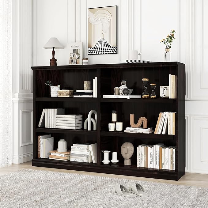 Double Wide Open Shelf Bookcase - 3 Tiers 6 Storage Cube Adjustable Space Book Case, Display Cabinet Organizer with Bookshelf, 64.8 inch Width Indoor Furniture for Home Library Office, Dark Cherry