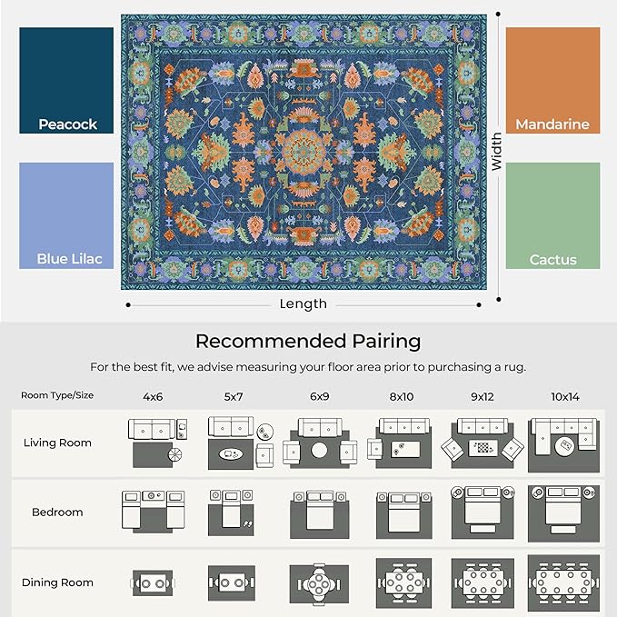 Kokia Green Living Room Area Rug Washable Non Slip Low Pile 6x9 Vintage Oushak Stain Resistant Soft Oriental Rugs for Bedroom, Dining Room, Kitchen, Indoor Leisure Rooms, Nova Peacock