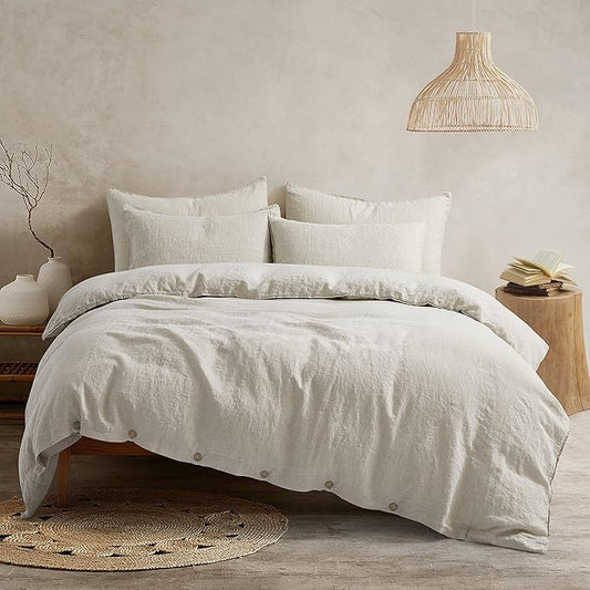 ATLINIA 100% Flax Linen Duvet Cover Set - Stone Washed Pure French Linen Organic Fabric for Farmhouse Comforter Boho Bedding Included 1 Duvet Cover 2 Pillow Shams(Natural, Queen)