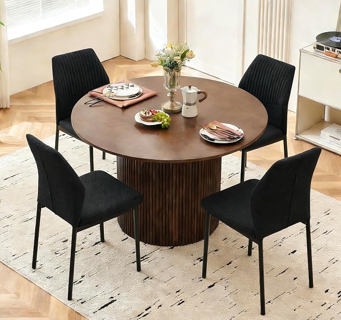 Dining Table Set for 4, 47" Wooden Round Kitchen Table with Linen Fabric Chairs for Kitchen Room and Small Spaces(Walnut Table + 4 Black Chairs)