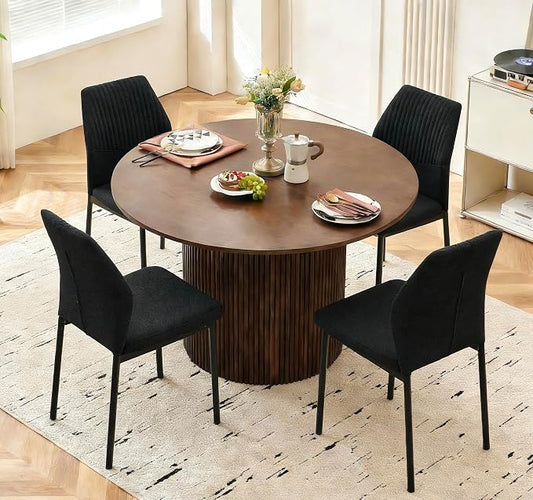 Dining Table Set for 4, 47" Wooden Round Kitchen Table with Linen Fabric Chairs for Kitchen Room and Small Spaces(Walnut Table + 4 Black Chairs)