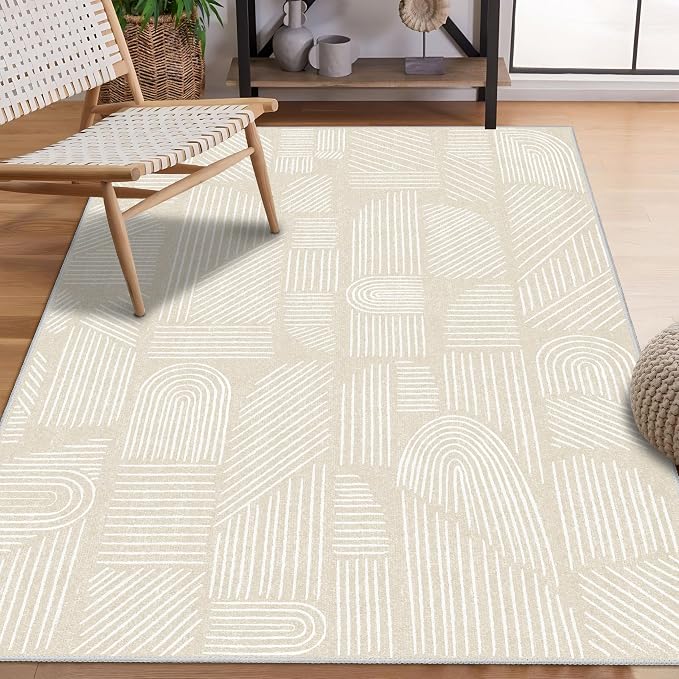 MUJOO 3x5 Washable Rug,Mid Century Modern Abstract Non Slip Low Pile Area Rug,Neutral Beige and White Rug for Living Room Bedroom Entryway