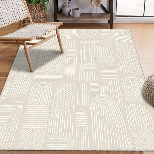 MUJOO 3x5 Washable Rug,Mid Century Modern Abstract Non Slip Low Pile Area Rug,Neutral Beige and White Rug for Living Room Bedroom Entryway