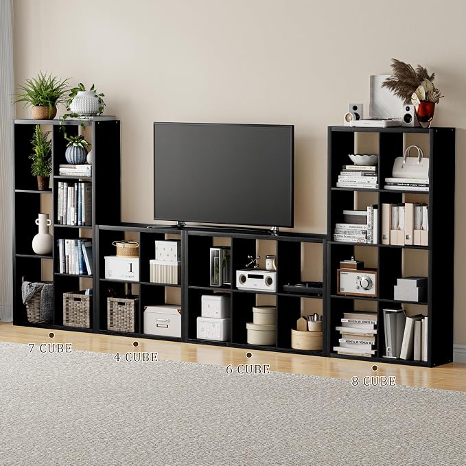 VDNEND Cube Storage Organizer Bookcase, Decorative 11 inch Open Back Cubical Shelf with Thickened Border, Display Bookshelf for Living Room, Home Office, Sturdy Room (Black, 7 Cube)