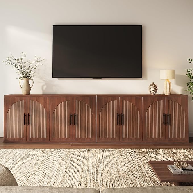 63" Fluted Buffet Cabinet with Storage, Mid-Century Symmetrical Arched Sideboard Credenza with Adjustable Shelf, Large Wood Console Table for Dining Room, Kitchen, and Living Room (Walnut)