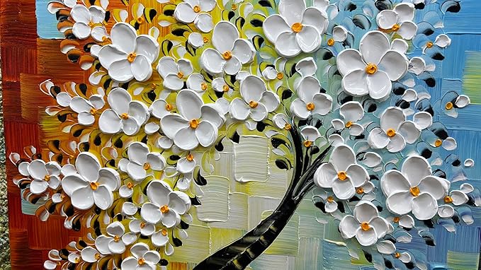 YaSheng Art -3D handmade paintings textured wall art Oil Painting On Canvas white Flowers Paintings Modern Home living room Wall Art Abstract canvas art picture Ready to hang 30x30inch