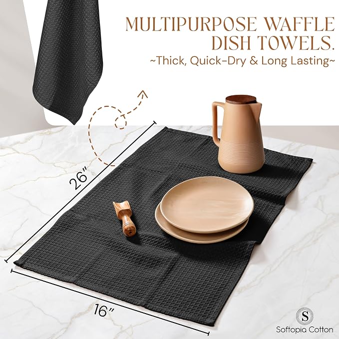 Black Waffle Kitchen Dish Towels, 100% Cotton, Quick Dry, Super Absorbent, Soft, 16x26 Inches - Ideal for Dish Drying, Bar, Hand Wipe, Cleaning, and Everyday Use, 4 Pack