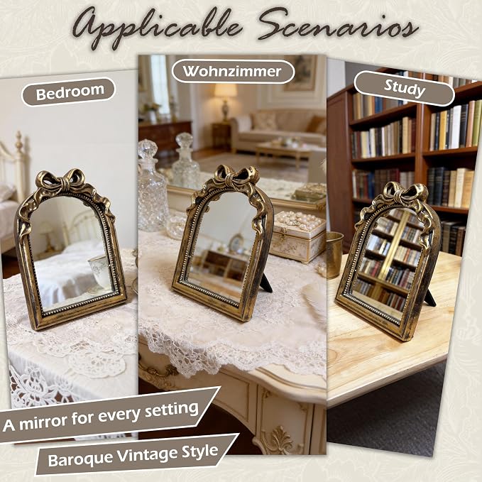 Vintage Carved Resin Desk Mirror 8x6 Inch Decorative Vanity Mirror for Makeup, Dorm, Bedroom & Tabletop Deco