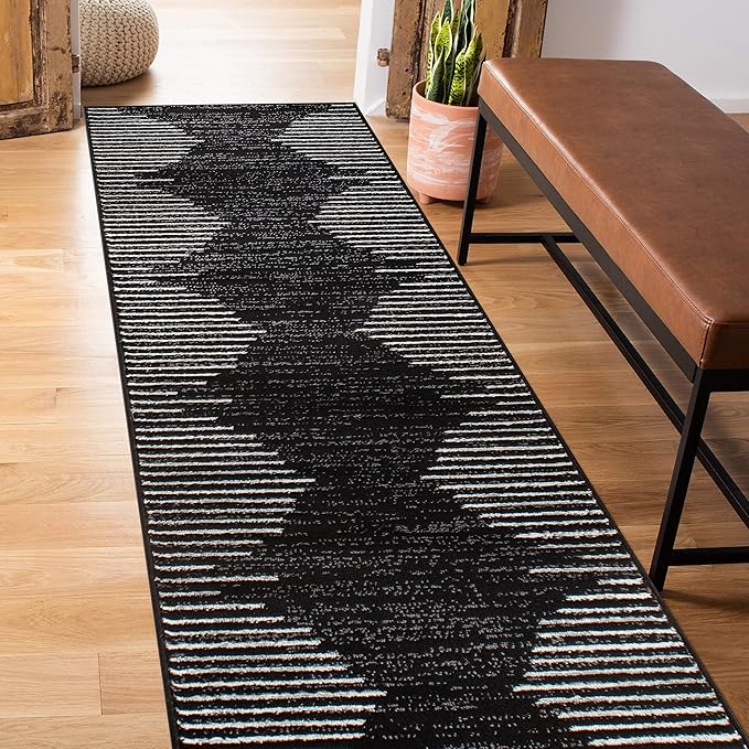 Rugshop Bohemian Stripe Stain Resistant Carpet High Traffic for Hallway Entryway Living Room Kitchen Bedroom Laundry Runner Rug 2' x 7' Black