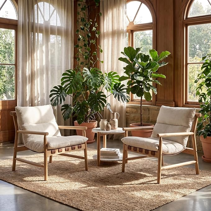 Linen Accent Chair Set of 2 Mid Century Modern Living Room Chairs Comfy Arm Chair with Solid Wood Frame Upholstered Lounge Reading Chair Cozy Recliner for Bedroom/Guest Room, Beige…
