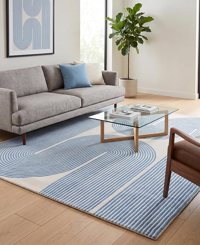 Modern Handmade Wool Area Rug, Abstract Curved Line Geometric Indoor Carpet for Living Room Bedroom, Contemporary Tufted Rug with Soft Pile and Cotton Backing (Sky Blue, 9' x 12')