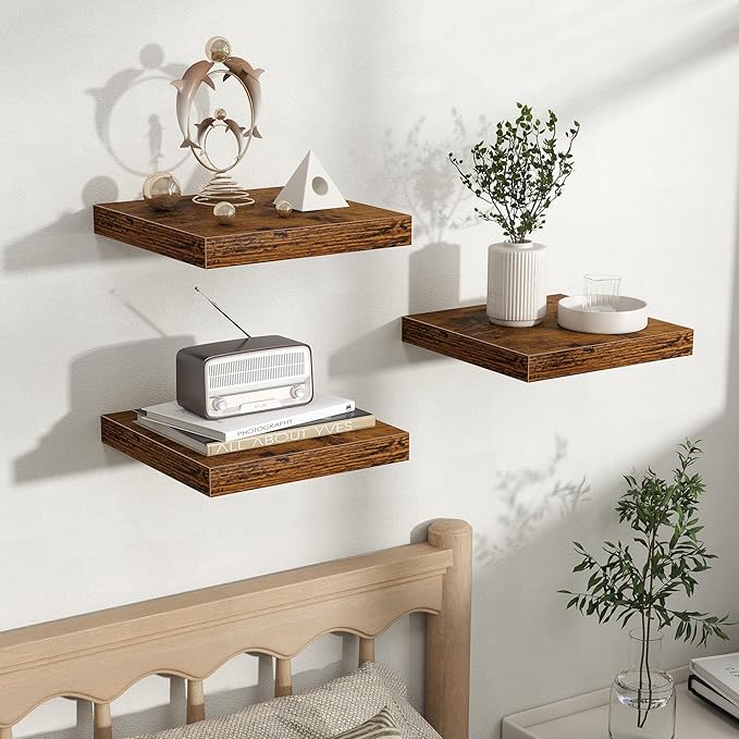 Fun Memories Floating Shelves for Wall, Rustic Wood Wall Mounted Shelves for Bathroom, Bedroom, Living Room and Kitchen, Storage & Home Decor (Set of 3, Brown, 12 in)