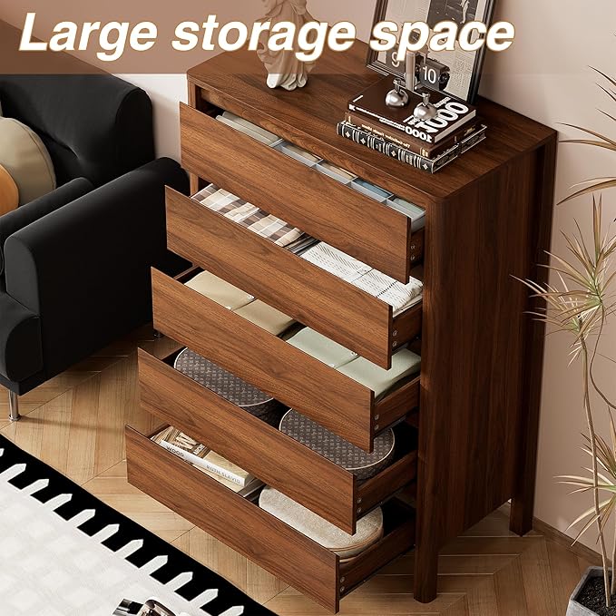 45" Tall Mid-Century Modern Dresser for Bedroom, 5 Drawer Chest of Drawers with Solid Wood Legs, Large Storage Tall Dresser, Walnut