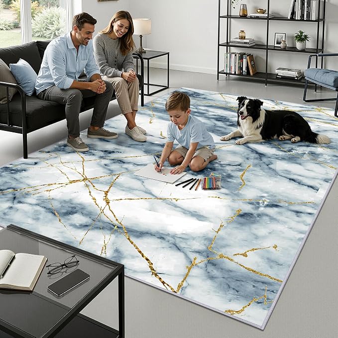 Merelax 5x8 Abstract Rug for Livingroom Bedroom - Washable Non-Slip Modern Area Rug, Indoor Floor Carpet Low Pile Soft Rug for Dining Room, Mudroom, Aesthetic Geometric Decor, Blue/Gold