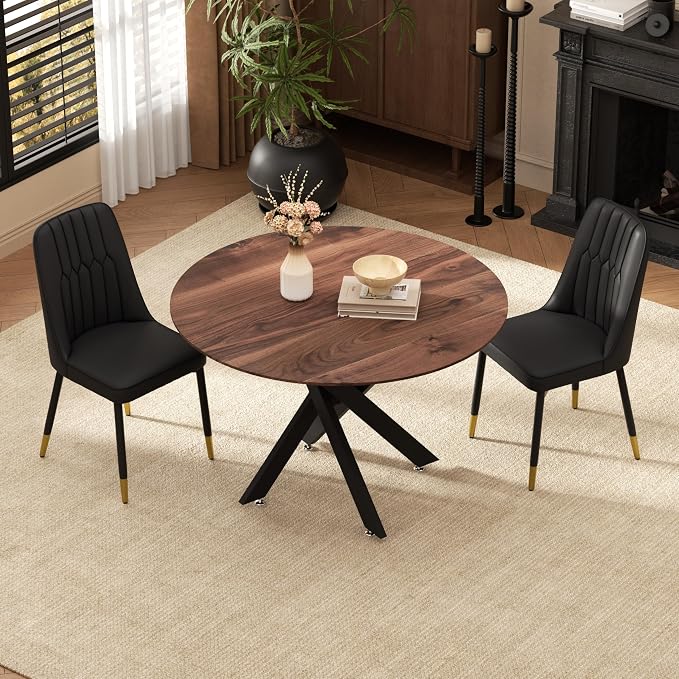 RGZ Mid Century Walnut Round Dining Table Set for 2, 36" Small Wooden Circle Kitchen Table & 2 Black PU Leather Kitchen Chairs, Dinner Table Set for Home, Apartment, Dining Room