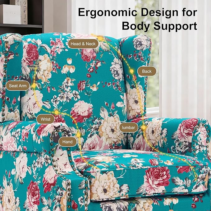 Wingback Chairs Set of 2, High Back Floral Accent Chair in Fabric, Comfy Upholstered Armchair with Nailhead Trim for Living Room, Single Sofa Reading Chair for Small Spaces, Bedroom-Peaock Blue