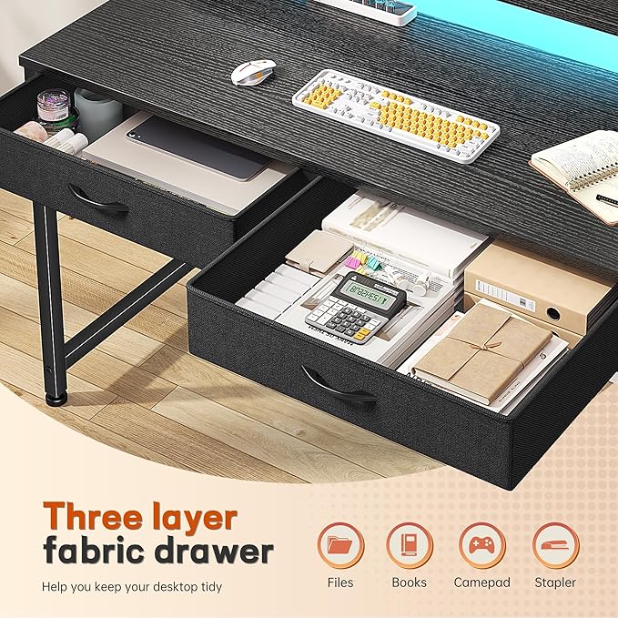 DurayLoly Gaming Desk with LED Lights & 2 Fabric Drawers, 39.4Inch Home Office Computer Desk with Side Pocket & Ergonomic Monitor Stand, Small Space Study Writing Table with Anti-Tip Design,Black