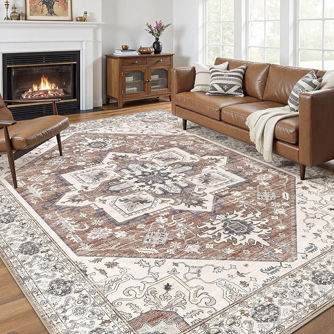 Area Rug 7x9 for Living Room - Washable Oriental Vintage Floral Distressed Large Indoor Carpets with Non Slip Back for Bedroom Dining Room Nursery Office Home Decor -Terracotta/Brown