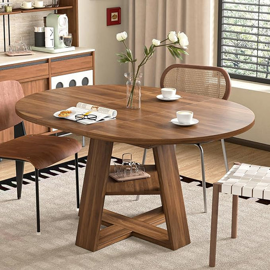 43.3in-59in Extendable Round Dining Table for 4-8,Modern Kitchen Oval Dining Table with Removable Leaves Space Saving,Wood Base with Storage Shelf for Kitchen Living Room (Walnut)