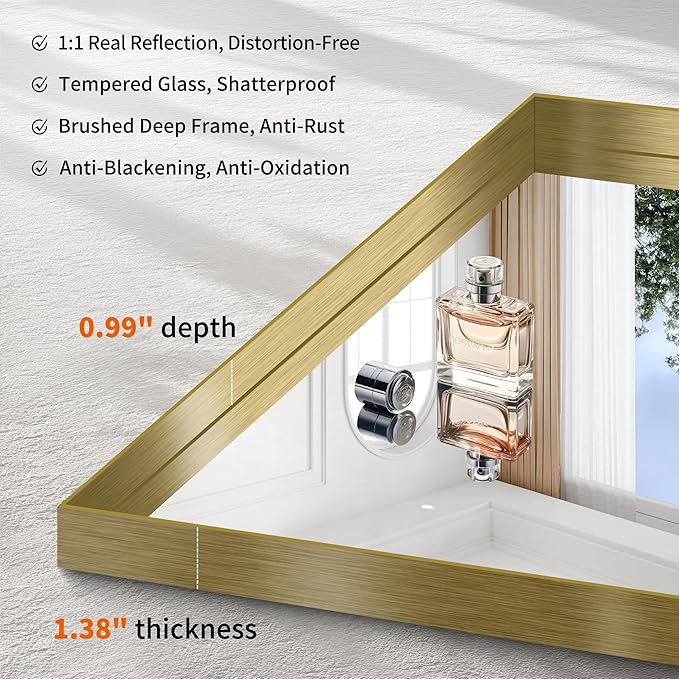 CIRCUMI Gold Bathroom Mirror, 36"x55" Rectangular Mirror with Deep Metal Frame, Brushed Finish, Tempered Glass, Large Mirror for Wall, Over 2 Sinks, Installed Vertically/Horizontally, Crystal-Clear