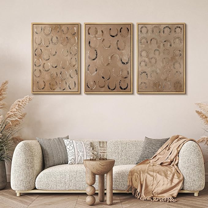 MUDECOR Framed Wall Art Print Set Western Decor Horseshoes Pattern Rustic Neutral Illustrations Modern Art Boho Decorative Colorful Chic for Living Room, Bedroom, Office - 24"x36"x3 NATURAL