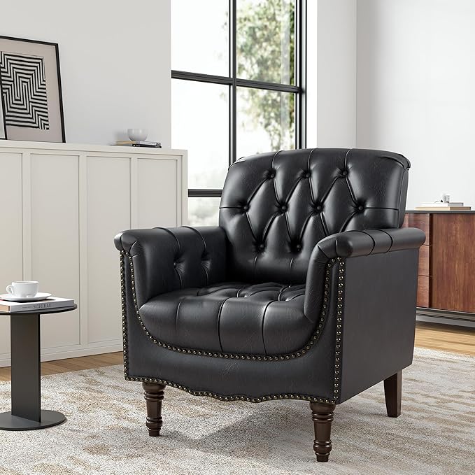 Faux Leather Club Chair, Retro Upholstered Armchair Accent Chair with Solid Wood Legs & Nailhead Trim for Living Room, Bedroom, Reading Room, Blue Black