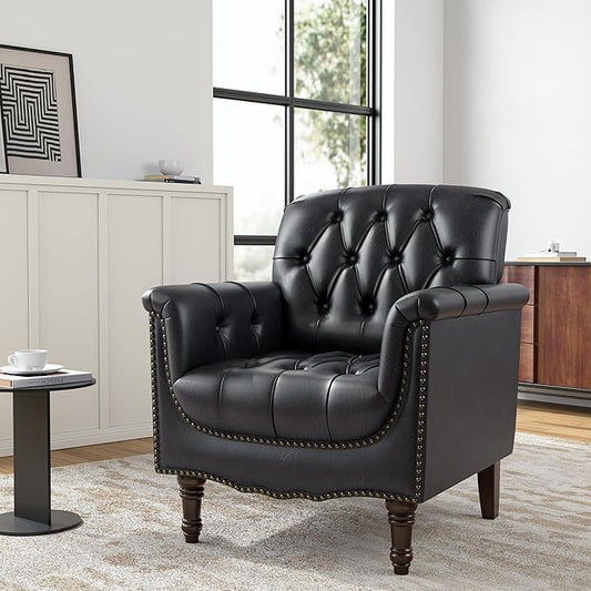 Faux Leather Club Chair, Retro Upholstered Armchair Accent Chair with Solid Wood Legs & Nailhead Trim for Living Room, Bedroom, Reading Room, Blue Black