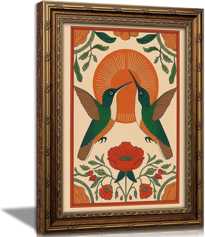 Vintage Gold Framed Hummingbird Wall Art Scandinavian Pictures Floral Bird Painting Canvas Prints Birds Poster Artwork Neutral Farmhouse Wall Decor for Living Room Bedroom Kitchen12x16in