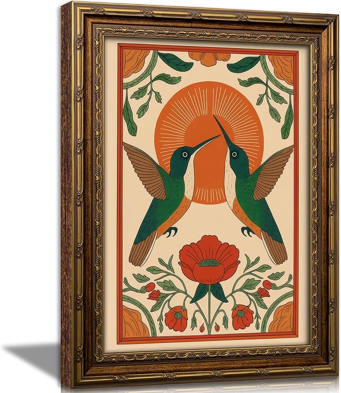 Vintage Gold Framed Hummingbird Wall Art Scandinavian Pictures Floral Bird Painting Canvas Prints Birds Poster Artwork Neutral Farmhouse Wall Decor for Living Room Bedroom Kitchen12x16in