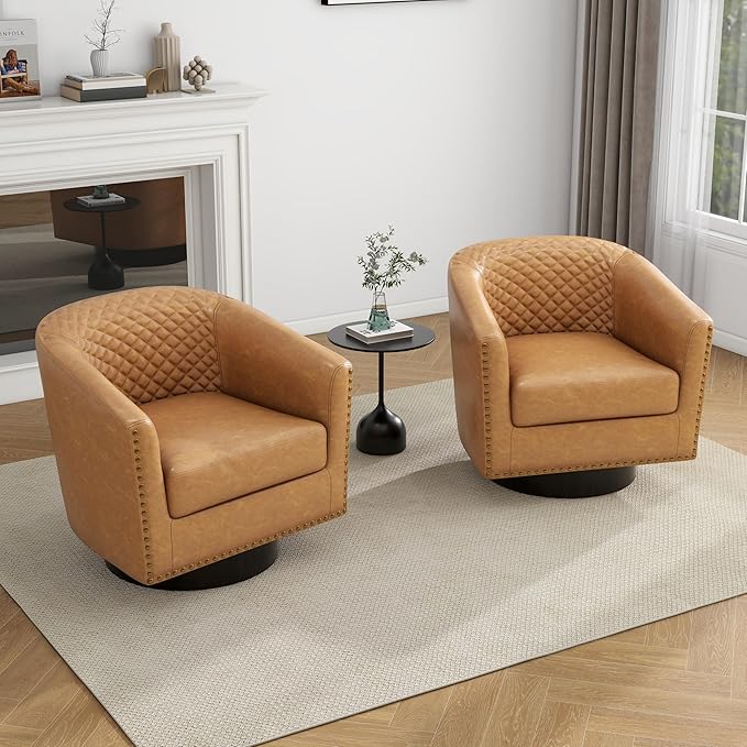 UIXE Swivel Barrel Accent Chairs Set of 2, Faux Leather Club Chair Upholstered Round Armchair for Living Room, Comfy Single Sofa Bedroom Reading Seat - Coffee