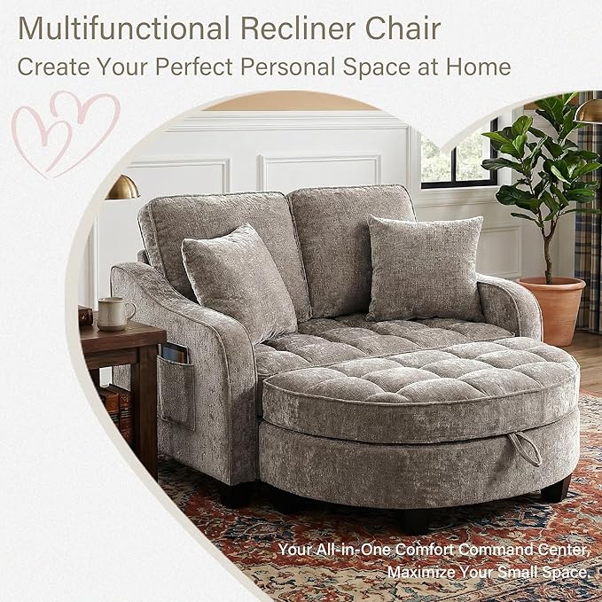 Round Chaise Lounge Chair with Storage Ottoman, Oversized Bubble Chair and a Half Featuring Adjustable Backrest, Plush Reading Accent Chair and Ottoman Set for Bedroom, Mocha Brown