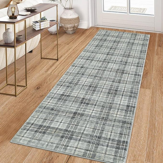 Washable Rugs Runner Rug 2x6 Modern Plaid Area Rug Soft Carpet 2'x6' Greenish Grey