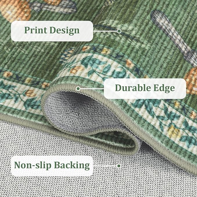 Washable 2x6 Vintage Runners for Hallway Entryway Retro Distressed Kitchen Carpet Runner Low Pile Soft Bedside Boho Carpet Non Slip Bath Rug Non Shed Thin Floral Accent Carpets, Green