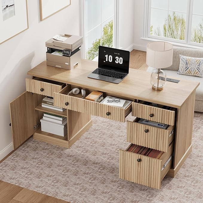 Garvee 60" Office Desk with Storage & Drawers. Fluted Wood Computer Desk with Power Outlet & Adjustable Shelves.Modern Executive Desk for Home Office/Bedroom/Gaming-Burlywood