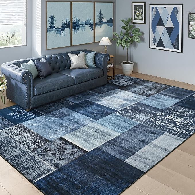 Tepook 8x10 Blue Area Rugs for Living Room, Modern Large Geometric Rug for Bedroom, Washable Patchwork Rug Indoor Non Slip Throw Carpets for Dining Room Office Farmhouse Home Decor