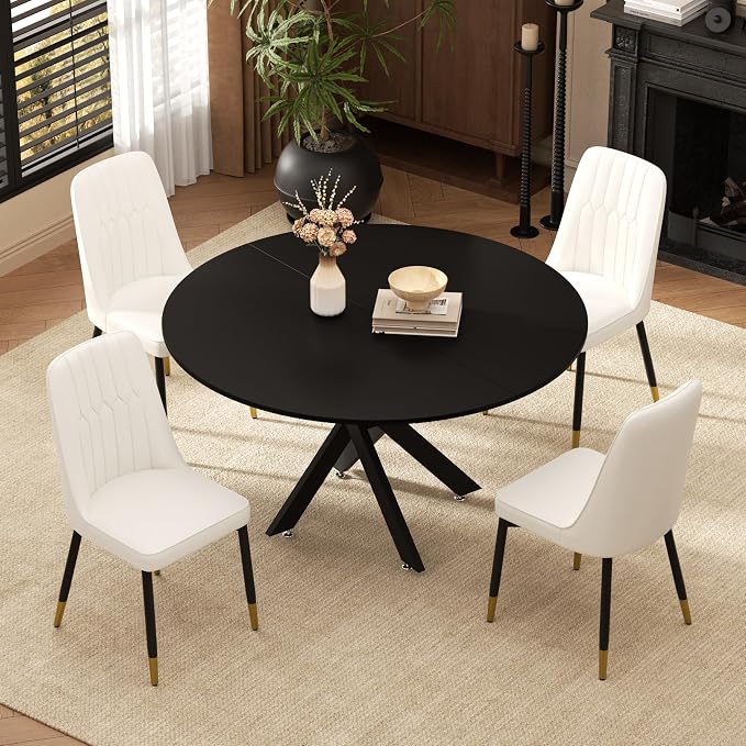 RGZ Mid Century Black Round Dining Table Set for 4, 47" Large Wooden Circle Kitchen Table & 4 White PU Leather Kitchen Chairs, Dinner Table Set for Home, Apartment, Dining Room